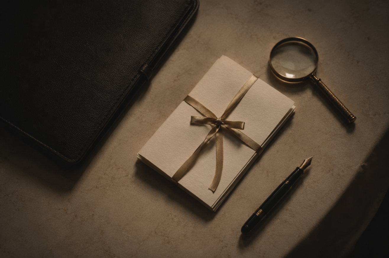 Overhead flat-lay on marble: leather portfolio, fountain pen, a confidential report tied with champagne ribbon, a loupe.