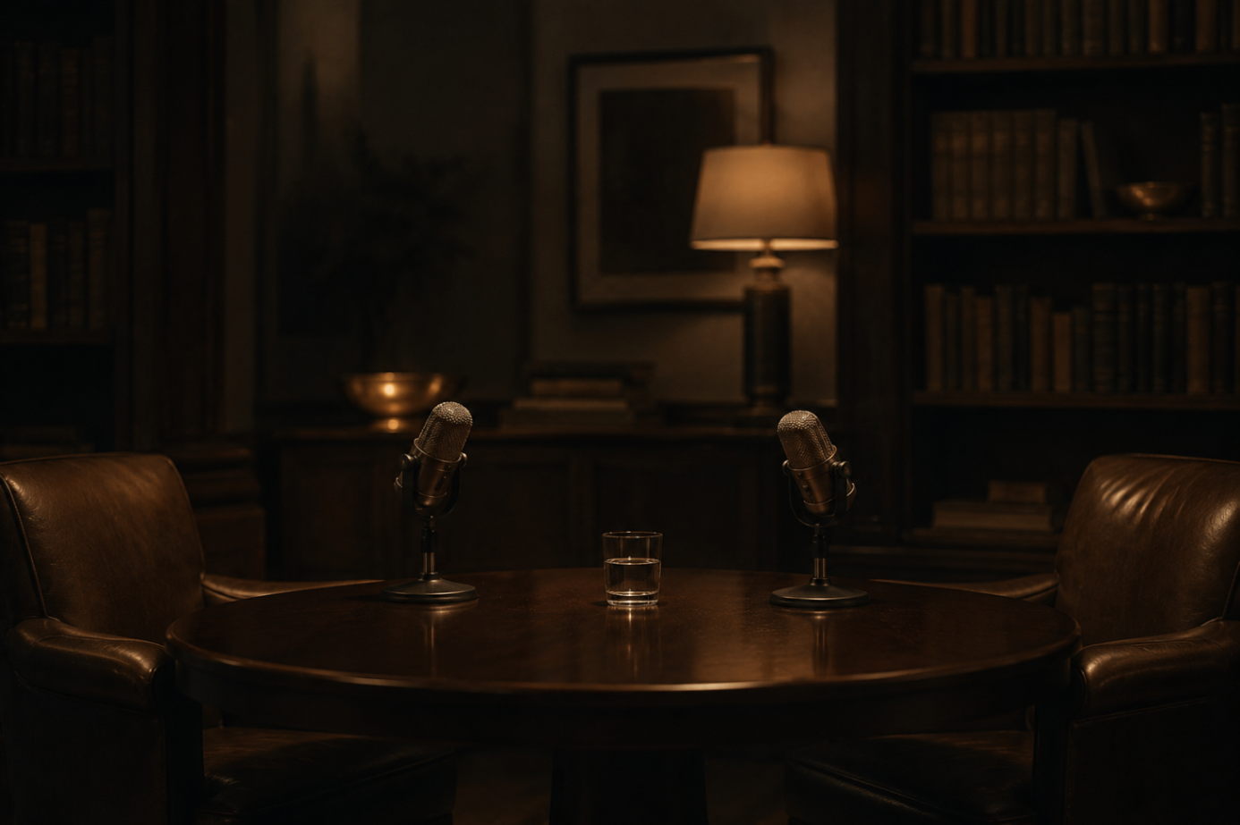Two vintage ribbon microphones on a polished wood table in a warm, lamp-lit study lined with books.
