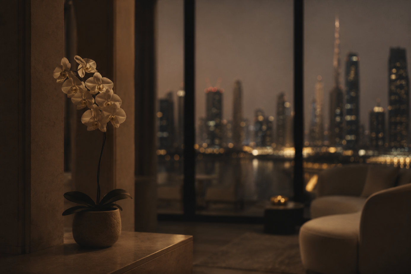 Twilight over Dubai's Business Bay through a private residence window, an orchid in the foreground.