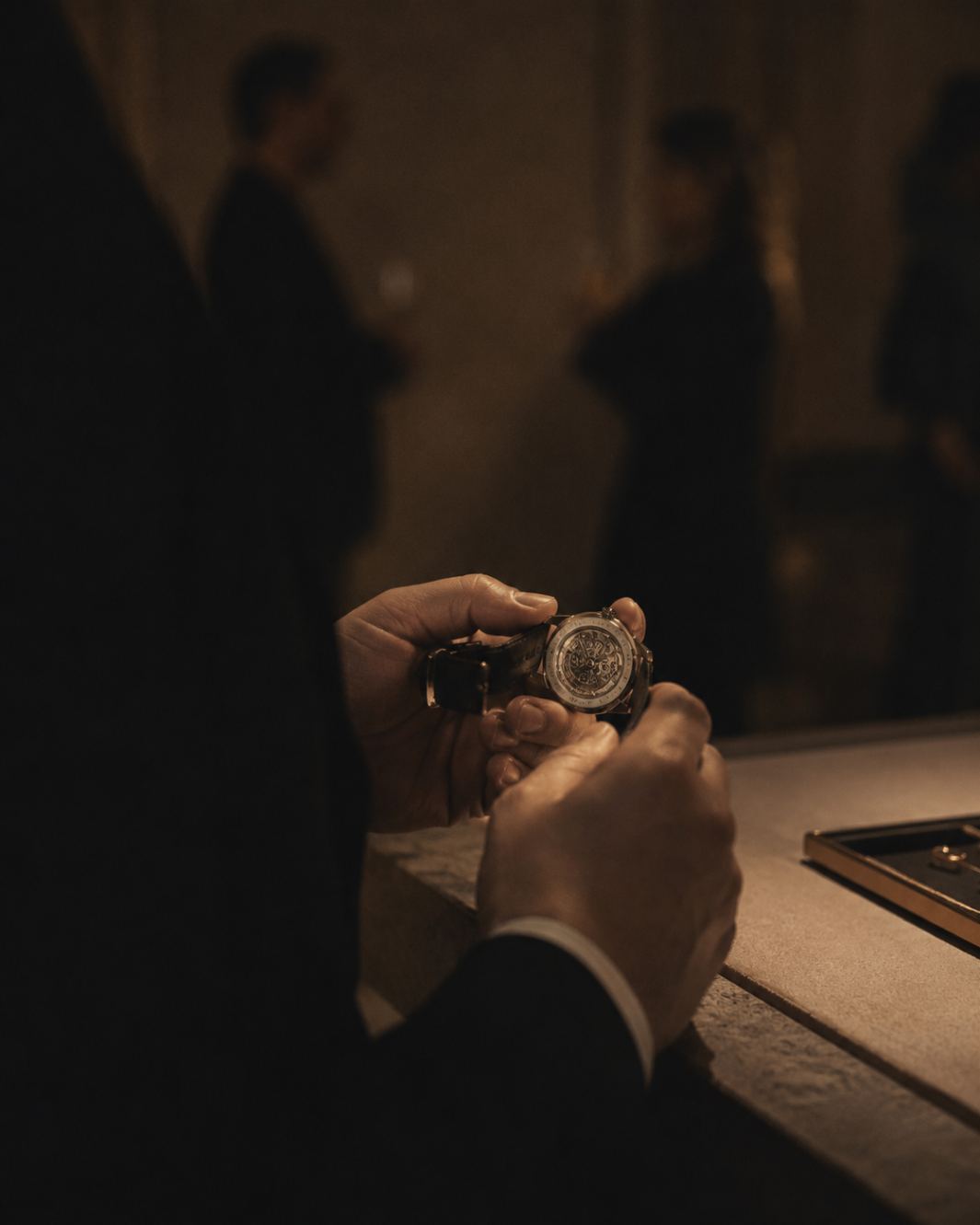 A collector's hands turning a fine mechanical watch under warm gallery light at a private salon.